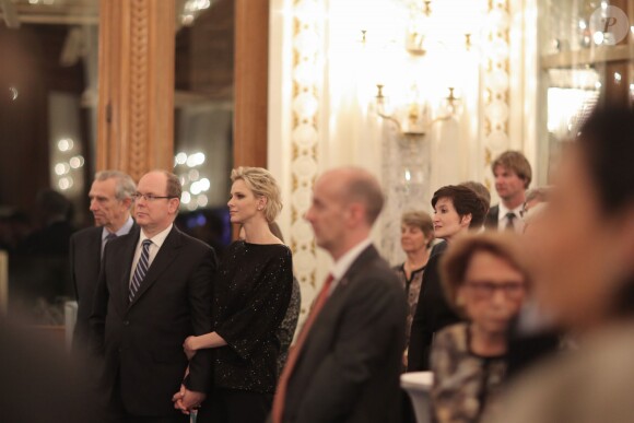 Exclusif - La princesse Charlene de Monaco, en présence de son époux le prince Albert II de Monaco et de son frère Gareth Wittstock, annonçait le 19 février 2015 le South Africa - Monaco Rugby Exchange, né d'un partenariat avec la SARLA (South Africa Rugby Legends Association), lors d'un cocktail organisé par sa Fondation au Casino de Monte-Carlo.