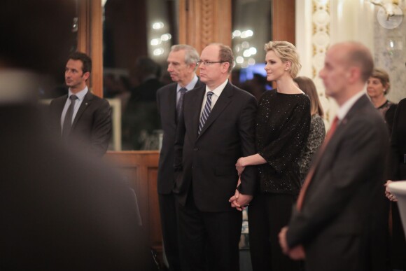 Exclusif - La princesse Charlene de Monaco, en présence de son époux le prince Albert II de Monaco et de son frère Gareth Wittstock, annonçait le 19 février 2015 le South Africa - Monaco Rugby Exchange, né d'un partenariat avec la SARLA (South Africa Rugby Legends Association), lors d'un cocktail organisé par sa Fondation au Casino de Monte-Carlo.