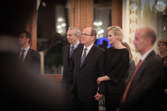 Exclusif - La princesse Charlene de Monaco, en présence de son époux le prince Albert II de Monaco et de son frère Gareth Wittstock, annonçait le 19 février 2015 le South Africa - Monaco Rugby Exchange, né d'un partenariat avec la SARLA (South Africa Rugby Legends Association), lors d'un cocktail organisé par sa Fondation au Casino de Monte-Carlo.