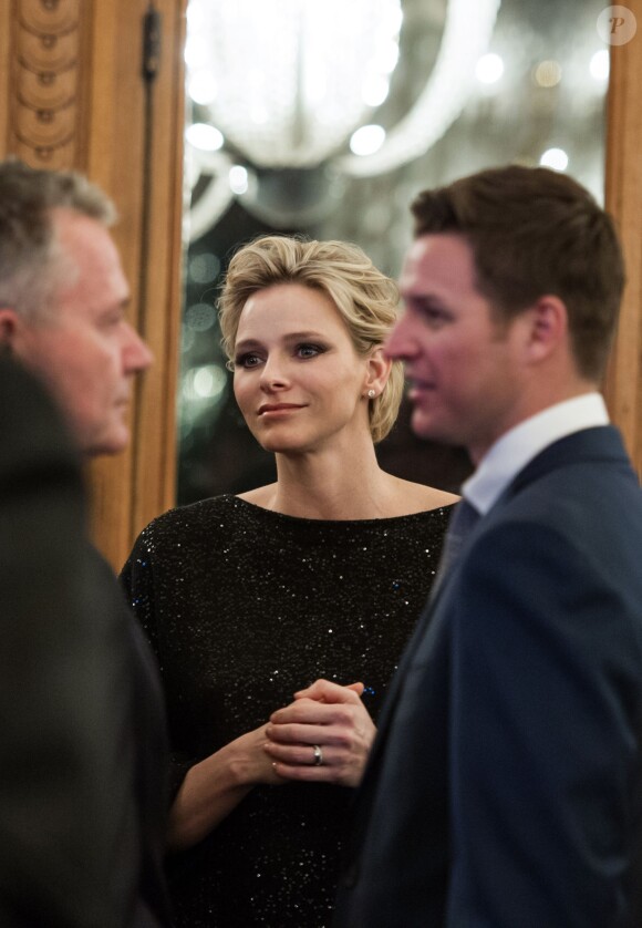 Exclusif - La princesse Charlene de Monaco, en présence de son époux le prince Albert II de Monaco et de son frère Gareth Wittstock, annonçait le 19 février 2015 le South Africa - Monaco Rugby Exchange, né d'un partenariat avec la SARLA (South Africa Rugby Legends Association), lors d'un cocktail organisé par sa Fondation au Casino de Monte-Carlo.