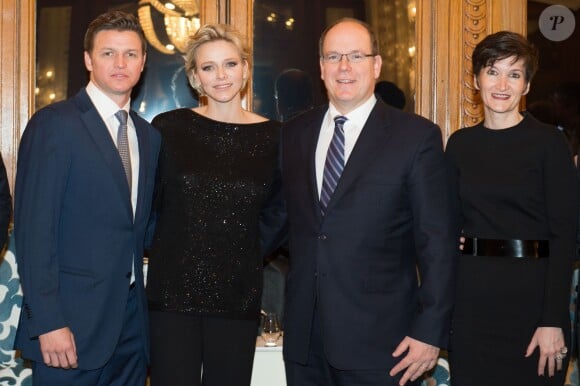 Exclusif - La princesse Charlene de Monaco, en présence de son époux le prince Albert II de Monaco et de son frère Gareth Wittstock, annonçait le 19 février 2015 le South Africa - Monaco Rugby Exchange, né d'un partenariat avec la SARLA (South Africa Rugby Legends Association), lors d'un cocktail organisé par sa Fondation au Casino de Monte-Carlo.