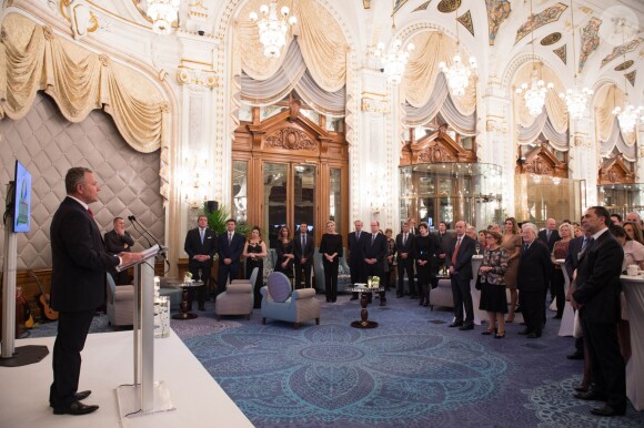 Exclusif - La princesse Charlene de Monaco, en présence de son époux le prince Albert II de Monaco et de son frère Gareth Wittstock, annonçait le 19 février 2015 le South Africa - Monaco Rugby Exchange, né d'un partenariat avec la SARLA (South Africa Rugby Legends Association), lors d'un cocktail organisé par sa Fondation au Casino de Monte-Carlo.