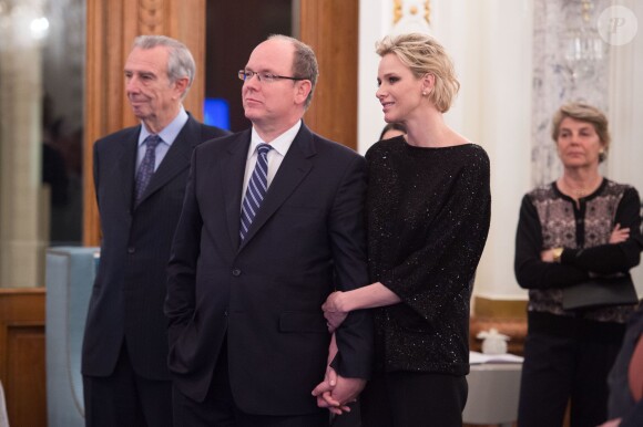 Exclusif - La princesse Charlene de Monaco, en présence de son époux le prince Albert II de Monaco et de son frère Gareth Wittstock, annonçait le 19 février 2015 le South Africa - Monaco Rugby Exchange, né d'un partenariat avec la SARLA (South Africa Rugby Legends Association), lors d'un cocktail organisé par sa Fondation au Casino de Monte-Carlo.