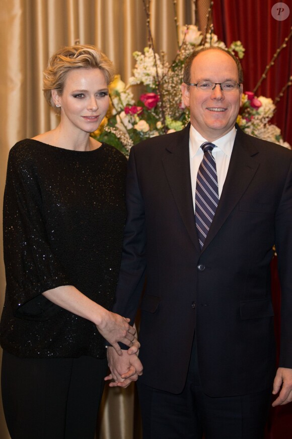 Exclusif - La princesse Charlene de Monaco, en présence de son époux le prince Albert II de Monaco et de son frère Gareth Wittstock, annonçait le 19 février 2015 le South Africa - Monaco Rugby Exchange, né d'un partenariat avec la SARLA (South Africa Rugby Legends Association), lors d'un cocktail organisé par sa Fondation au Casino de Monte-Carlo.