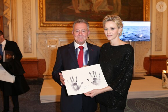 Exclusif - La princesse Charlene de Monaco, en présence de son époux le prince Albert II de Monaco et de son frère Gareth Wittstock, annonçait le 19 février 2015 le South Africa - Monaco Rugby Exchange, né d'un partenariat avec la SARLA (South Africa Rugby Legends Association), lors d'un cocktail organisé par sa Fondation au Casino de Monte-Carlo.