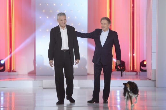 Rachid Arhab et Michel Drucker avec sa chienne Isia - Enregistrement de l'émission "Vivement Dimanche" à Paris le 4 Mars 2015. L'émission sera diffusée le 8 Mars.