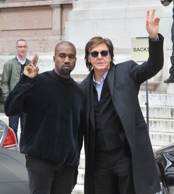 Kanye West et Paul McCartney arrivent à l'Opéra de Paris pour assister au défilé Stella McCartney automne-hiver 2015-2016. Paris, le 9 mars 2015.