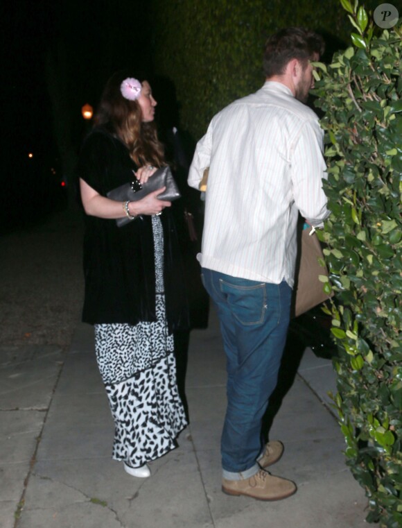 Exclusif - Jessica Biel, enceinte, se rend chez des amis pour fêter ses 33 ans avec son mari Justin Timberlake à Los Angeles, le 3 mars 2015