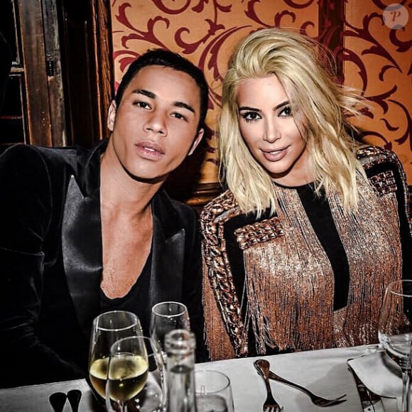 Olivier Rousteing et Kim Kardashian lors du dîner post-défilé de Balmain au restaurant Lapérouse. Paris, le 5 mars 2015.