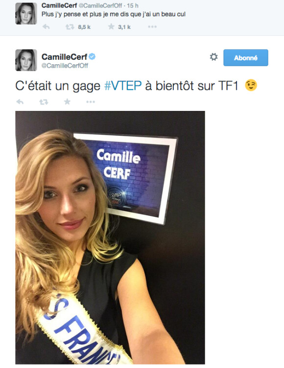 L'étrange twert de Camille Cerf sur ses fesses était en réalité un gage ! Mars 2015.