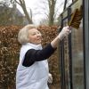 La princesse Beatrix des Pays-Bas nettoie la serre d'une maison de retraite de Barneveld dans le cadre de la journée du bénévolat, le 20 mars 2015