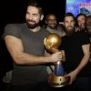 Nikola Karabatic, Didier Dinart, Luka Karabatic, Frédéric Dumoulin et Kevynn Nyokas au Vip Room de Paris, le 2 février 2015