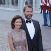 La comtesse Alexandra de Frederiksborg, ex-femme du prince Joachim, et son époux Martin Jorgensen arrivant pour la soirée de gala organisée le 8 avril 2015 à Aarhus pour le 75e anniversaire de la reine Margrethe II.