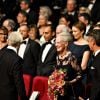 La reine Margrethe II de Danemark, en famille, assistait le 8 avril 2015 à Aarhus à une soirée de gala en l'honneur de son 75e anniversaire.