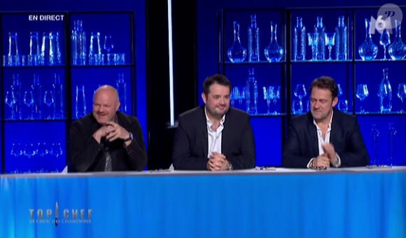 Philippe Etchebest, Jean-François Piège et Michel Sarran dans Top Chef, le choc des champions 2015, sur M6, le lundi 20 avril 2015.