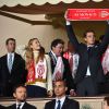 Pierre Casiraghi et sa fiancée Beatrice Borromeo au Stade Louis-II le 22 avril 2015 lors du quart de finale retour de Ligue des Champions entre l'AS Monaco et la Juventus de Turin.