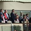 Pierre Casiraghi, Andrea Casiraghi, le prince Albert II de Monaco et le président de l'AS Monaco Dmitri Rybolovlev au Stade Louis-II le 22 avril 2015 lors du quart de finale retour de Ligue des Champions entre l'AS Monaco et la Juventus de Turin.