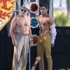 Zac Efron et Robert De Niro, torses nu, sur le tournage du film "Dirty Grandpa" à Tybee Island en Georgie, le 30 avril 2015.