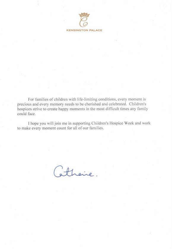 Kate Middleton a rédigé une lettre pour la Semaine des Hôpitaux pour enfants d'East Anglia's Children Hospices, en mai 2015