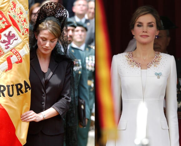 Letizia d'Espagne lors d'une remise de drapeau honorifique à la Garde civile en 2005 / en 2015. Devenue reine entre-temps, l'épouse de Felipe a révolutionné l'exercice !