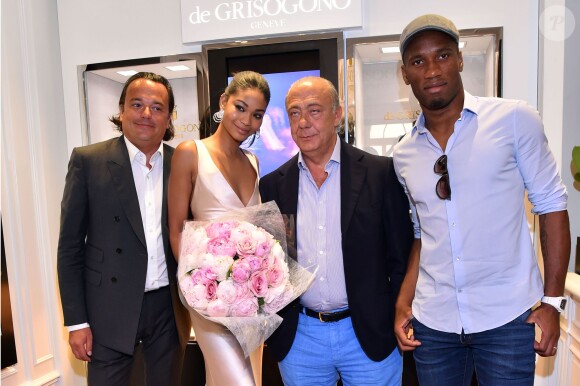 Chanel Iman, Gilles Mansard (président de De Grisogono France), Didier Drogba, Fawaz Gruosi - Inauguration de la boutique De Grisogono lors du 68e Festival International du Film de Cannes, le 20 mai 2015.