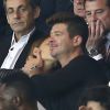 Nicolas Sarkozy, Robin Thicke et sa compagne, le mannequin April Love Geary, assistent au match Paris Saint-Germain - Stade de Reims au Parc des Princes. Paris, le 23 mai 2015.