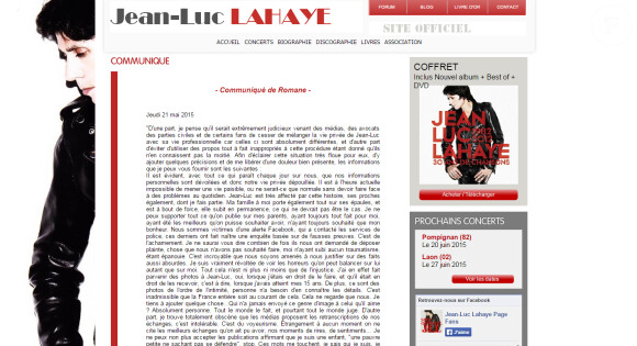 Capture d'écran du site internet de Jean-Luc Lahaye sur lequel a été publiée une lettre rédigée par Romane, "la victime" du chanteur