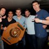 Exclusif - Igor Vori, Daniel Narcisse, Xavier Barachet, Robert Gunnarsson, Marko Kopljar - L'équipe de handball du Paris Saint-Germain, sacrée championne de France, fête sa victoire au restaurant La Gioia à Paris, le 4 juin 2015.