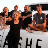Exclusif - Prix Spécial - No Web No Blog - Brigitte Bardot pose avec l'équipage de Brigitte Bardot Sea Shepherd, le célèbre trimaran d'intervention de l'organisation écologiste, sur le port de Saint-Tropez, le 26 septembre 2014 en escale pour 3 jours à deux jours de ses 80 ans. Cela fait au moins dix ans qu'elle n'est pas apparue en public sur le port tropézien.