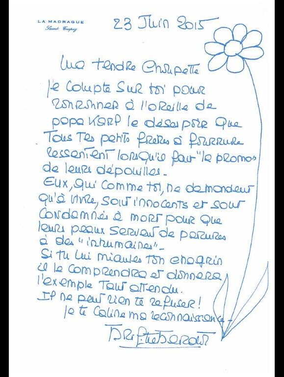 Brigitte Bardot écrit une lettre à Choupette, la chatte de Karl Lagerfeld - Twitter, juin 2015
