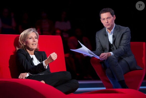 Exclusif - Enregistrement de l'émission Le Divan présentée par Marc-Olivier Fogiel avec la journaliste Claire Chazal en invitée, le 23 mai 2015.