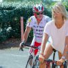 Exclusif - Sylvie Tellier et son beau-père Eric Ligneron - People essayant les vélos dans le cadre de l'opération "l'Etape du Coeur " pour le compte de Mécénat Chirurgie Cardiaque à l'hôtel Thalasso à Carnac, le 11 juillet 2015, pendant le Tour de France 2015. 