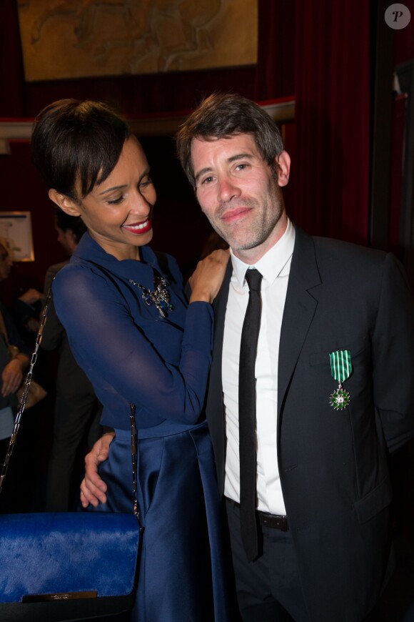 Exclusif - Sonia Rolland et son compagnon Jalil Lespert - Jalil Lespert est décoré Chevalier dans l'Ordre des Arts et des Lettres par Yannick Bolloré lors d'une cérémonie organisée au cinéma Mac Mahon à Paris, le 9 juin 2015.