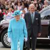 La reine Elizabeth II et le duc d'Edimbourg en visite dans l'est de Londres le 16 juillet 2015, où ils ont visité notamment le centre communautaire Chadwell Heath à Barking.