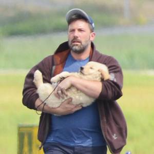 Ben Affleck arrive à Atlanta en jet privé avec un chiot golden retriever pour ses enfants le 20 juillet 2015.