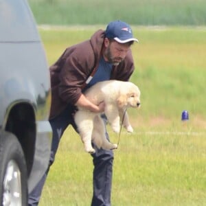 Ben Affleck arrive à Atlanta en jet privé avec un chiot golden retriever pour ses enfants le 20 juillet 2015.