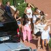 Sylvester Stallone, sa femme Jennifer Flavin et leurs filles Sophia, Sistine et Scarlet sont allés déjeuner dans un restaurant japonais avec des amis, puis se sont rendus chez Rolex, à Monaco le 18 juillet 2015.