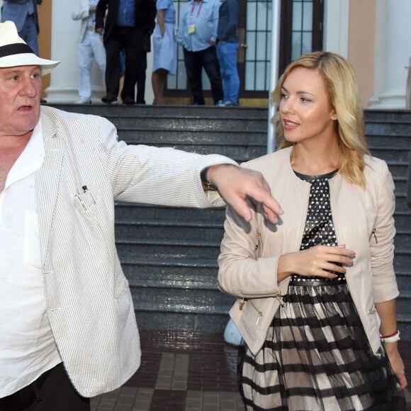 French actor Gerard Depardieu (L) leaves a presentation on the FIFA World Cup 2018 in Russia by the Russian city of Saransk in St. Petersburg, Russia, 23 July 2015. Depardieu received a Russian passport from Russian president Putin in 2013 and owns an apartment in Saransk. Photo by Marcus Brandt/DPA/ABACAPRESS.COM24/07/2015 - St. Petersburg