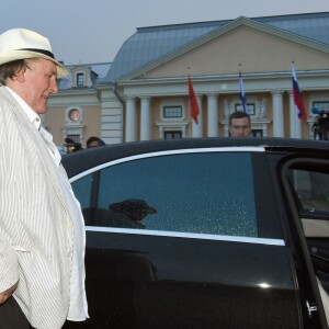 French actor Gerard Depardieu (L) leaves a presentation on the FIFA World Cup 2018 in Russia by the Russian city of Saransk in St. Petersburg, Russia, 23 July 2015. Depardieu received a Russian passport from Russian president Putin in 2013 and owns an apartment in Saransk. Photo by Marcus Brandt/DPA/ABACAPRESS.COM24/07/2015 - St. Petersburg