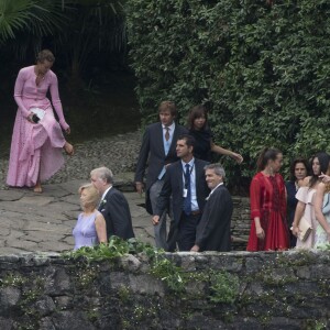 La princesse Stéphanie de Monaco, ses filles Pauline Ducruet, Camille Gottlieb et son fils Louis Ducruet avec son amie - Arrivées au mariage religieux de Pierre Casiraghi et Beatrice Borromeo sur les Iles Borromées, sur le Lac Majeur, le 1er août 2015.