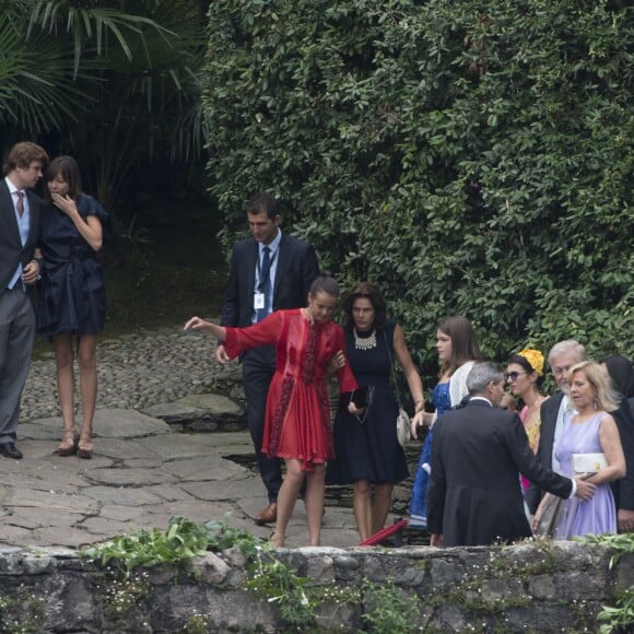 La princesse Stéphanie de Monaco, ses filles Pauline Ducruet, Camille Gottlieb et son fils Louis Ducruet avec son amie - Arrivées au mariage religieux de Pierre Casiraghi et Beatrice Borromeo sur les Iles Borromées, sur le Lac Majeur, le 1er août 2015.