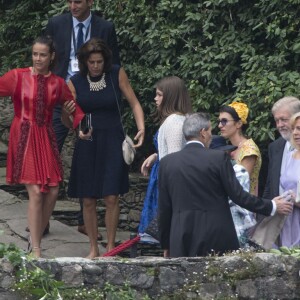 La princesse Stéphanie de Monaco, ses filles Pauline Ducruet, Camille Gottlieb et son fils Louis Ducruet avec son amie - Arrivées au mariage religieux de Pierre Casiraghi et Beatrice Borromeo sur les Iles Borromées, sur le Lac Majeur, le 1er août 2015.