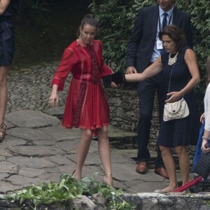 La princesse Stéphanie de Monaco, ses filles Pauline Ducruet, Camille Gottlieb et son fils Louis Ducruet avec son amie - Arrivées au mariage religieux de Pierre Casiraghi et Beatrice Borromeo sur les Iles Borromées, sur le Lac Majeur, le 1er août 2015.