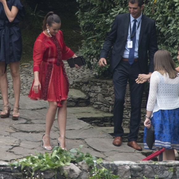 La princesse Stéphanie de Monaco, ses filles Pauline Ducruet, Camille Gottlieb et son fils Louis Ducruet avec son amie - Arrivées au mariage religieux de Pierre Casiraghi et Beatrice Borromeo sur les Iles Borromées, sur le Lac Majeur, le 1er août 2015.