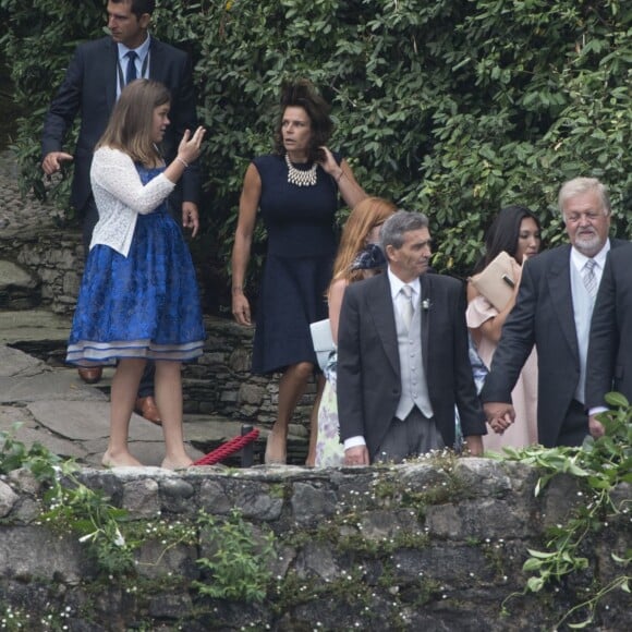 La princesse Stéphanie de Monaco, ses filles Pauline Ducruet, Camille Gottlieb et son fils Louis Ducruet avec son amie - Arrivées au mariage religieux de Pierre Casiraghi et Beatrice Borromeo sur les Iles Borromées, sur le Lac Majeur, le 1er août 2015.