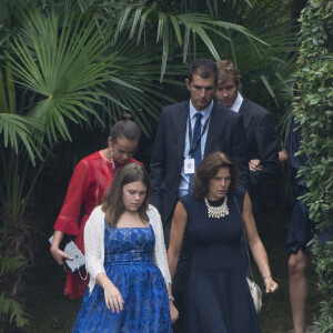 La princesse Stéphanie de Monaco, ses filles Pauline Ducruet, Camille Gottlieb et son fils Louis Ducruet avec son amie - Arrivées au mariage religieux de Pierre Casiraghi et Beatrice Borromeo sur les Iles Borromées, sur le Lac Majeur, le 1er août 2015.