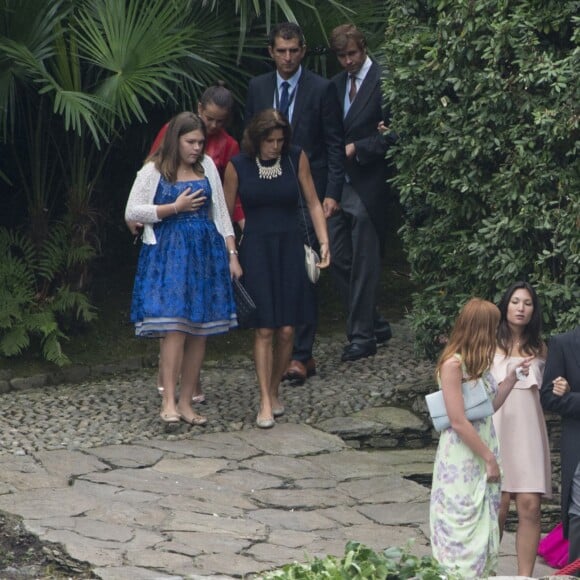 La princesse Stéphanie de Monaco, ses filles Pauline Ducruet, Camille Gottlieb et son fils Louis Ducruet avec son amie - Arrivées au mariage religieux de Pierre Casiraghi et Beatrice Borromeo sur les Iles Borromées, sur le Lac Majeur, le 1er août 2015.