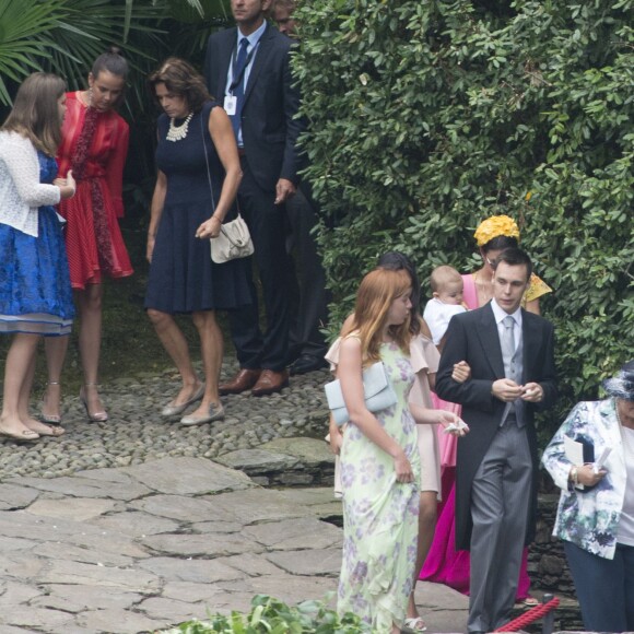 La princesse Stéphanie de Monaco, ses filles Pauline Ducruet, Camille Gottlieb et son fils Louis Ducruet avec son amie - Arrivées au mariage religieux de Pierre Casiraghi et Beatrice Borromeo sur les Iles Borromées, sur le Lac Majeur, le 1er août 2015.