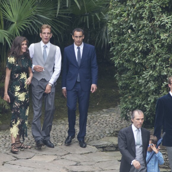 Andrea Casiraghi, Elisa Sednaoui, son mari Alex Dellal, le comte Ugo Brachetti-Peretti et son fils - Arrivées au mariage religieux de Pierre Casiraghi et Beatrice Borromeo sur les Iles Borromées, sur le Lac Majeur, le 1er août 2015.