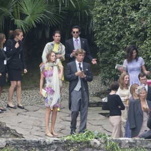 Charlotte Casiraghi et guests - Arrivées au mariage religieux de Pierre Casiraghi et Beatrice Borromeo sur les Iles Borromées, sur le Lac Majeur, le 1er août 2015.